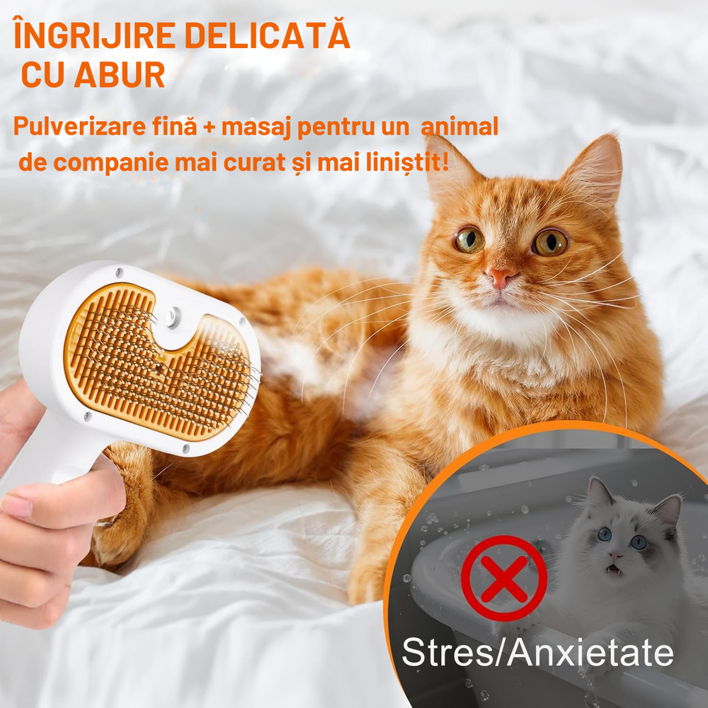 Perie 3-în-1  cu abur și autocurățare pentru pisici și câini