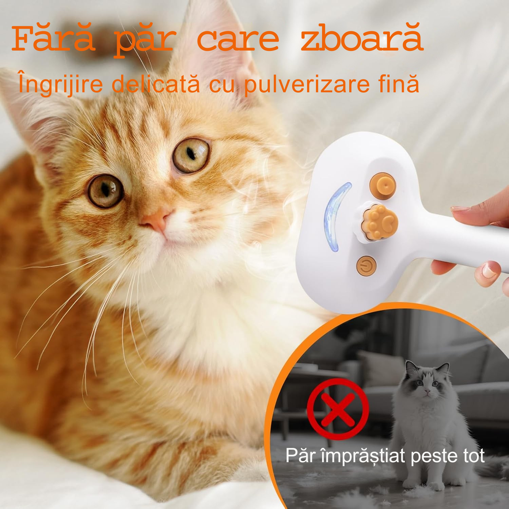 Perie 3-în-1  cu abur și autocurățare pentru pisici și câini