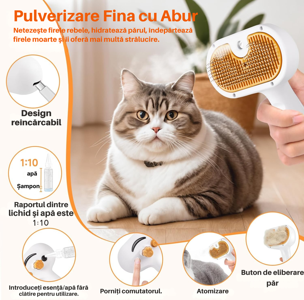 Perie 3-în-1  cu abur și autocurățare pentru pisici și câini