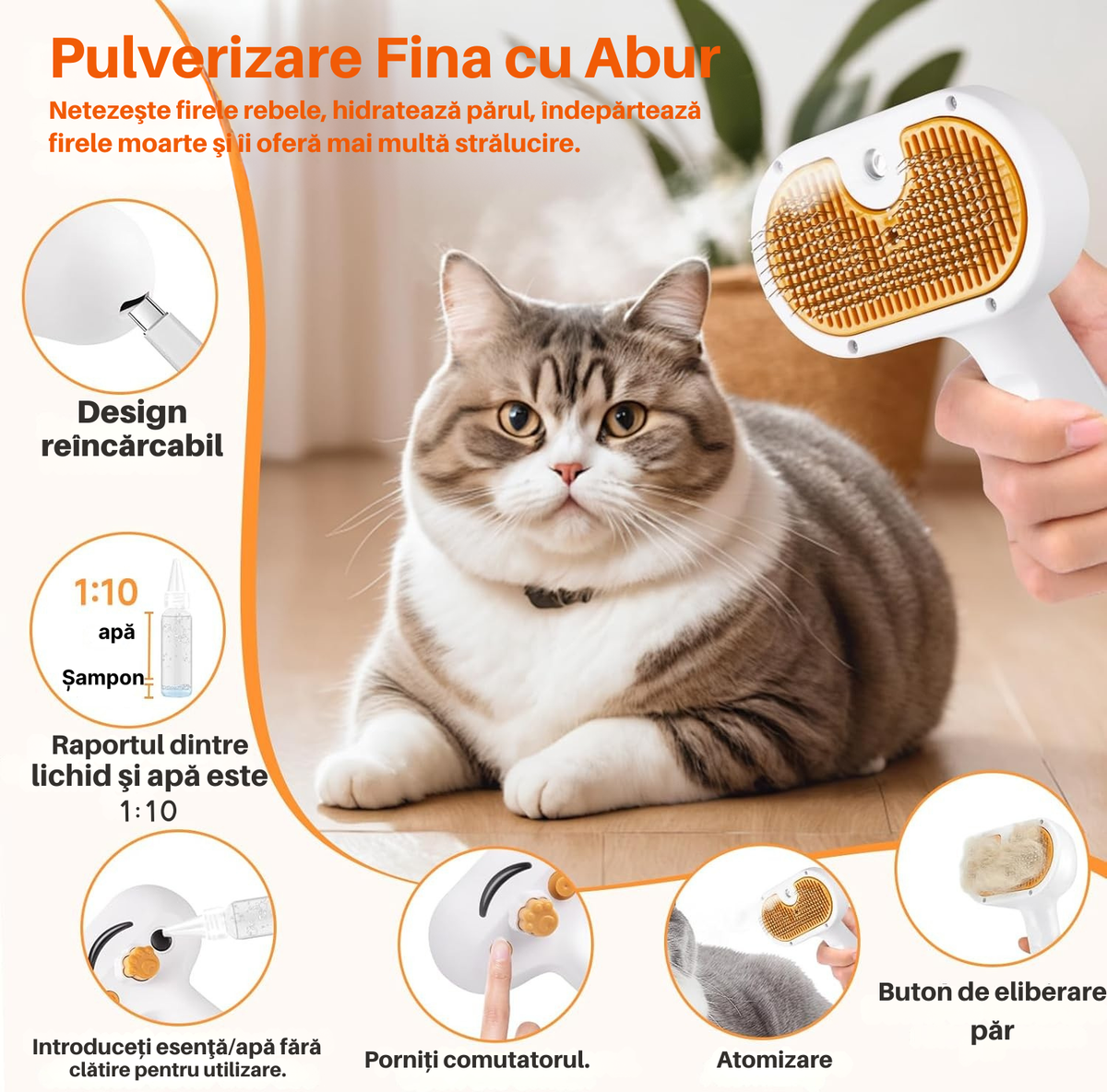 Perie 3-în-1  cu abur și autocurățare pentru pisici și câini