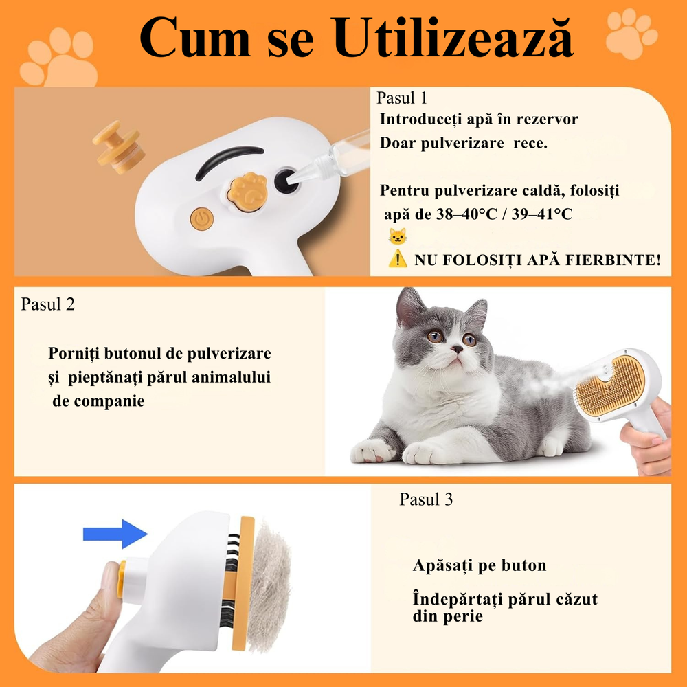 Perie 3-în-1  cu abur și autocurățare pentru pisici și câini