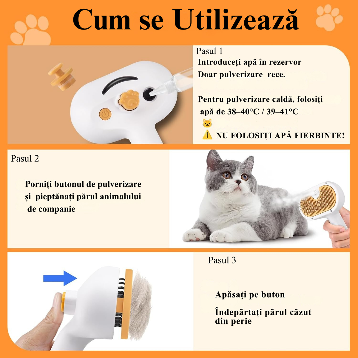 Perie 3-în-1  cu abur și autocurățare pentru pisici și câini